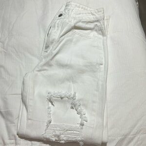 High waisted, distressed, white mom jeans